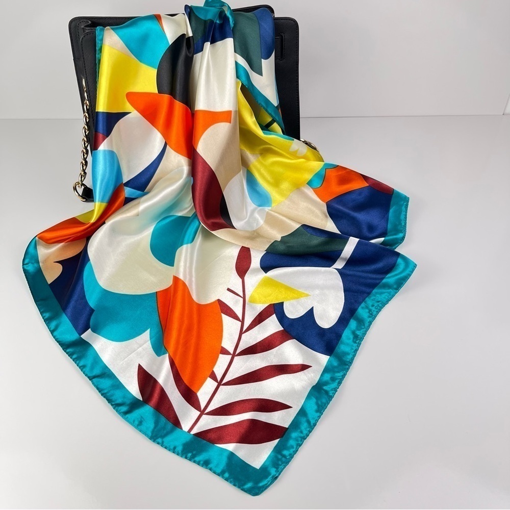 Women's Silky Fashion Scarf NWT Abstract Floral Turquoise Scarf